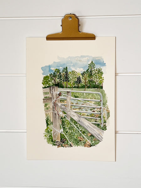 scene from the farm, the stream by the gate, ORIGINAL (not print) 7 X 10 Watercolor Painting