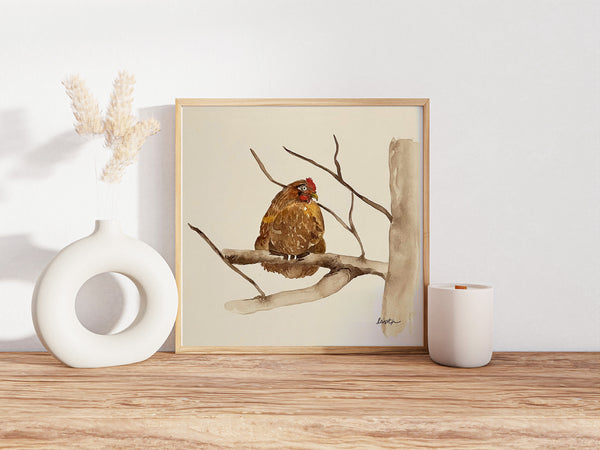 hen up a tree, ORIGINAL (not print) 7 X 7 inches Watercolor Painting