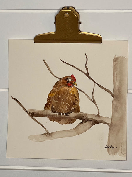 hen up a tree, ORIGINAL (not print) 7 X 7 inches Watercolor Painting