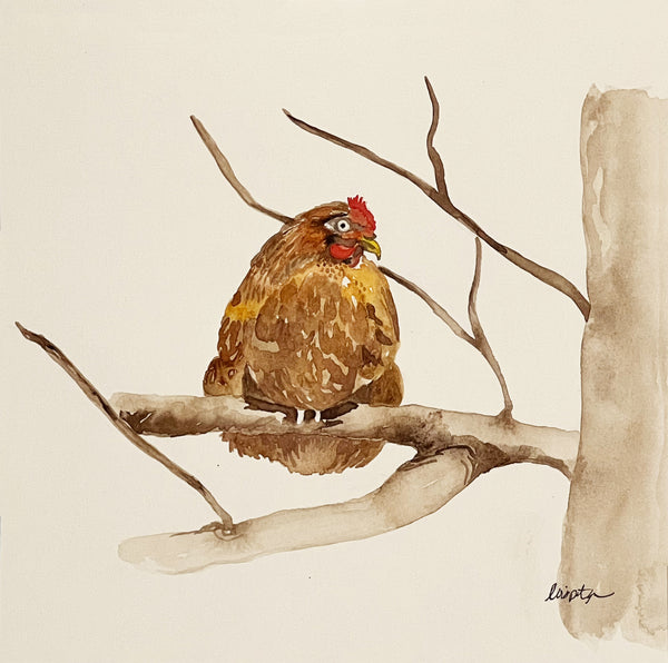 hen up a tree, ORIGINAL (not print) 7 X 7 inches Watercolor Painting