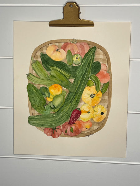 A basket of garden veggies, ORIGINAL  13 X 17 Watercolor Painting
