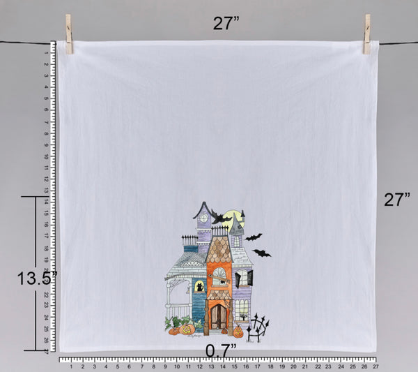 Flour Sack Towel, Halloween Haunted House, 100% Cotton, from original Watercolor, Hostess Gift, October Birthday gift