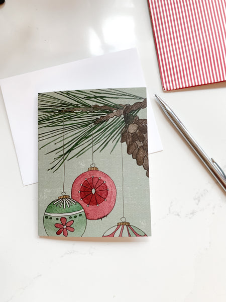 Christmas ornaments on long leaf pine Holiday card, original watercolor and ink design, Christmas note card blank inside / white or Kraft envelope