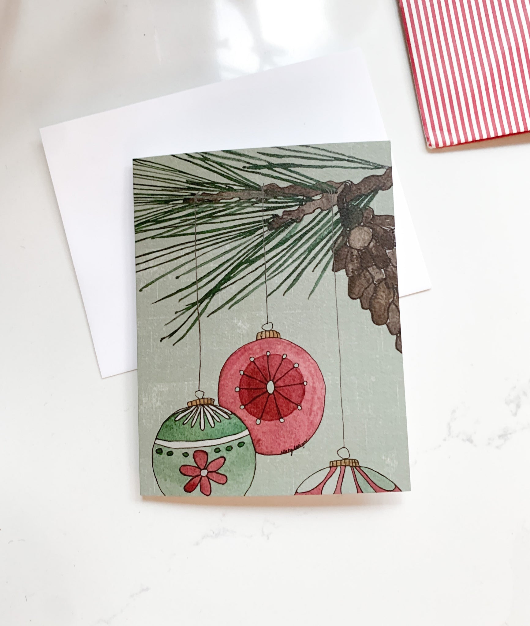 Christmas ornaments on long leaf pine Holiday card, original watercolor and ink design, Christmas note card blank inside / white or Kraft envelope