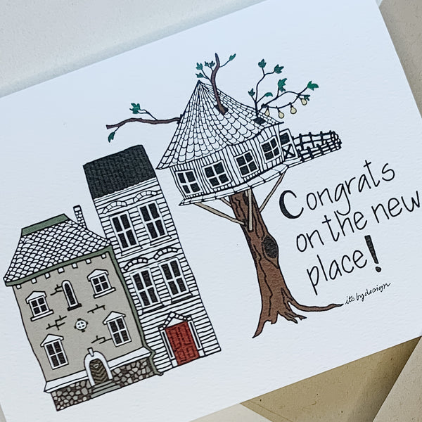 Congratulations on the new place! card / watercolor and ink / single folded card / blank inside / Kraft envelope / new home