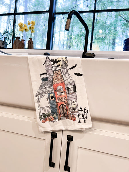 Flour Sack Towel, Halloween Haunted House, 100% Cotton, from original Watercolor, Hostess Gift, October Birthday gift