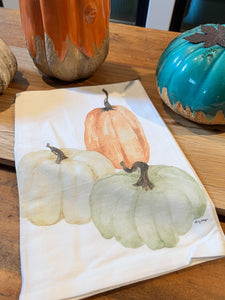 Flour Sack Towel, Heirloom Pumpkins, 100% Cotton, from original Watercolor, Hostess Gift, Fall Birthday gift, Thanksgiving gift