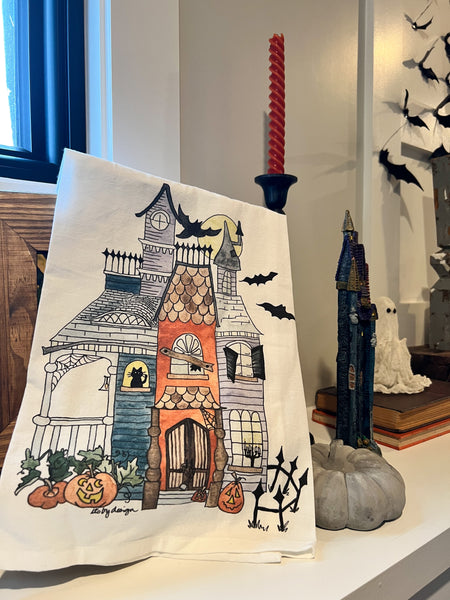 Flour Sack Towel, Halloween Haunted House, 100% Cotton, from original Watercolor, Hostess Gift, October Birthday gift