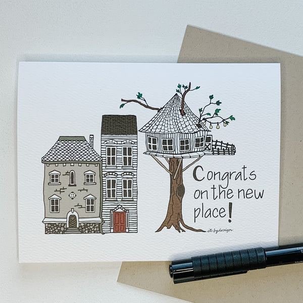 Congratulations on the new place! card / watercolor and ink / single folded card / blank inside / Kraft envelope / new home