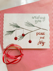 Christmas card, Wishing you Peace and Joy, watercolor and ink / Holiday card blank inside / White or Kraft envelope