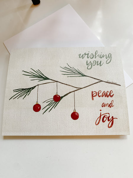 Christmas card, Wishing you Peace and Joy, watercolor and ink / Holiday card blank inside / White or Kraft envelope