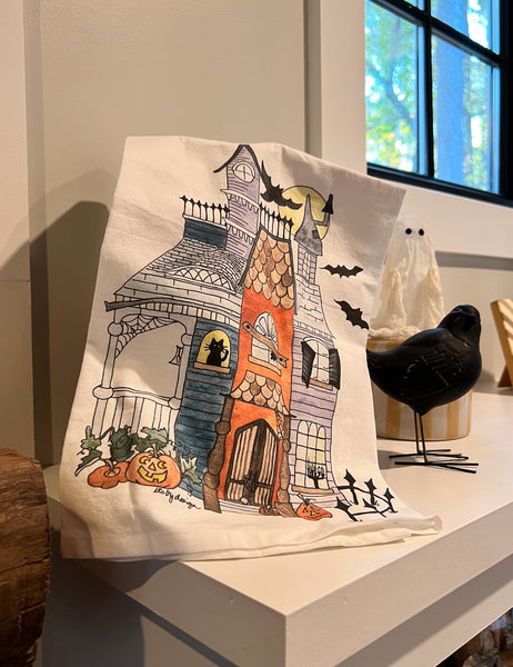 Flour Sack Towel, Halloween Haunted House, 100% Cotton, from original Watercolor, Hostess Gift, October Birthday gift