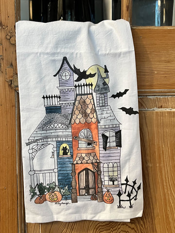 Flour Sack Towel, Halloween Haunted House, 100% Cotton, from original Watercolor, Hostess Gift, October Birthday gift