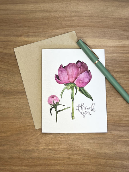 opening peony flower in watercolor on a thank you card