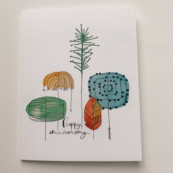 Happy Anniversary with trees card / watercolor and ink / single folded card / blank inside / Kraft envelope