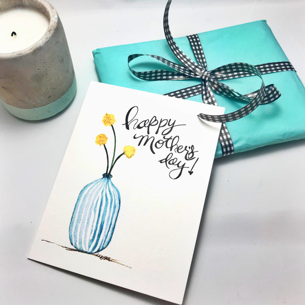 Mother's Day Card /vase of Craspedia Billy Balls / watercolor and ink / single folded card / blank inside / Kraft envelope