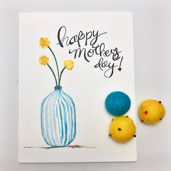 Mother's Day Card /vase of Craspedia Billy Balls / watercolor and ink / single folded card / blank inside / Kraft envelope