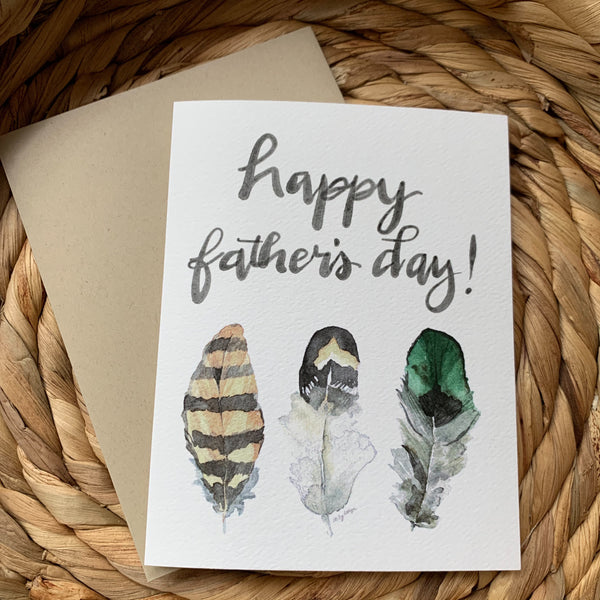 Happy Father's Day Card /three painted feathers / watercolor and ink / single folded card / blank inside / Kraft envelope