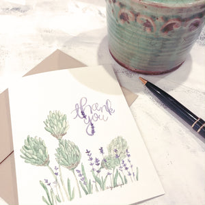 Thank You Card / lavender / watercolor / folded card / blank inside / Kraft envelope