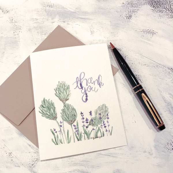 Thank You Card / lavender / watercolor / folded card / blank inside / Kraft envelope