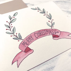 Merry Christmas card / red ribbon / watercolor and ink / blank inside / white or Kraft envelope