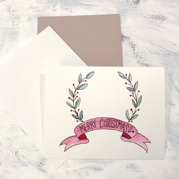 Merry Christmas card / red ribbon / watercolor and ink / blank inside / white or Kraft envelope