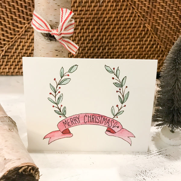 Merry Christmas card / red ribbon / watercolor and ink / blank inside / white or Kraft envelope