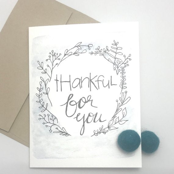 thankful for you / Thank you Card / watercolor and ink / blank inside / Kraft envelope