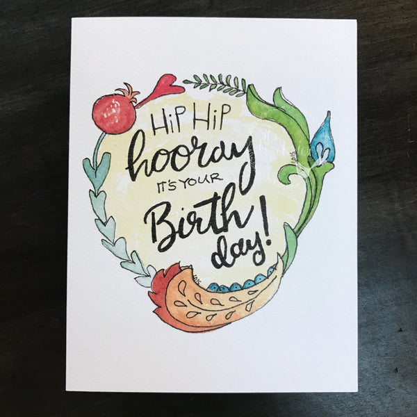 Birthday Card / watercolor and ink / Hip Hip Hooray / Happy Birthday /Kraft envelope