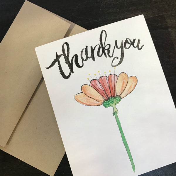 Thank You Card / watercolor and ink / single folded card / blank inside / Kraft envelope