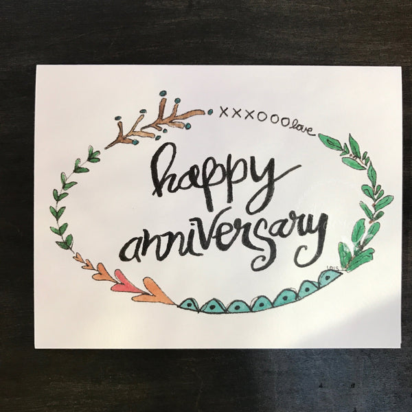 Happy Anniversary Card / watercolor and ink / single folded card / blank inside / Kraft envelope