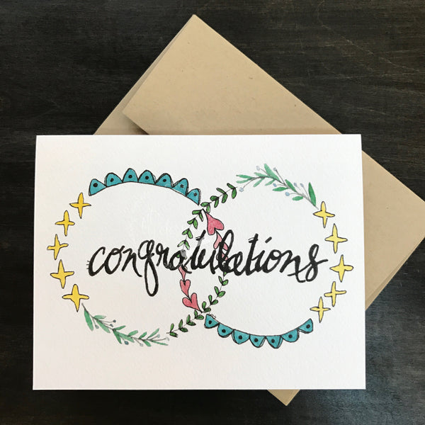 Congratulations Card / watercolor and ink / single folded card / blank inside / Kraft envelope