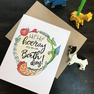 Birthday Card / watercolor and ink / Hip Hip Hooray / Happy Birthday /Kraft envelope