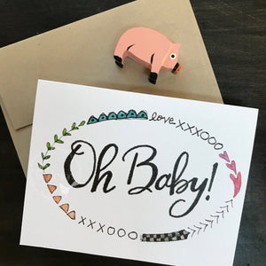 Baby Card / watercolor and ink / single folded card / blank inside / Kraft envelope