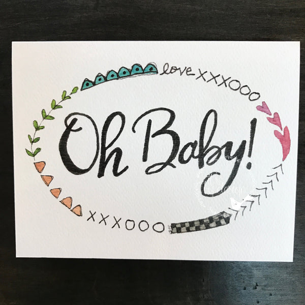 Baby Card / watercolor and ink / single folded card / blank inside / Kraft envelope