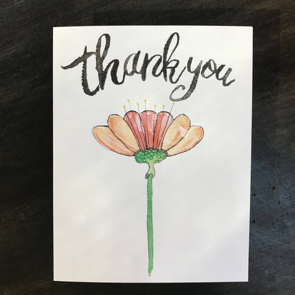 Thank You Card / watercolor and ink / single folded card / blank inside / Kraft envelope
