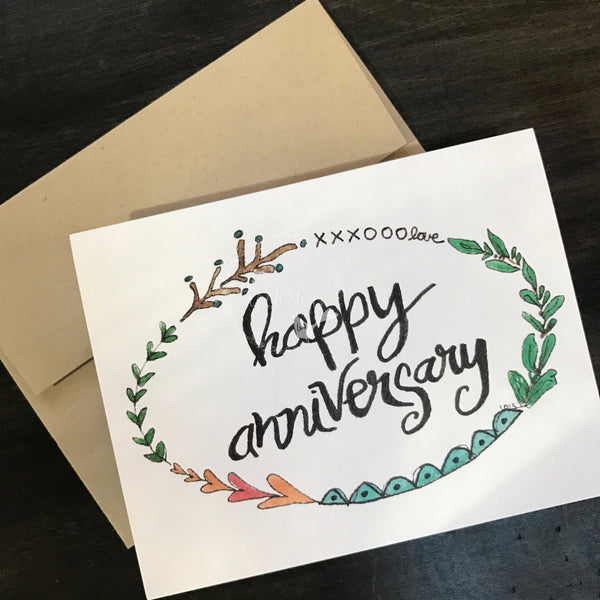 Happy Anniversary Card / watercolor and ink / single folded card / blank inside / Kraft envelope