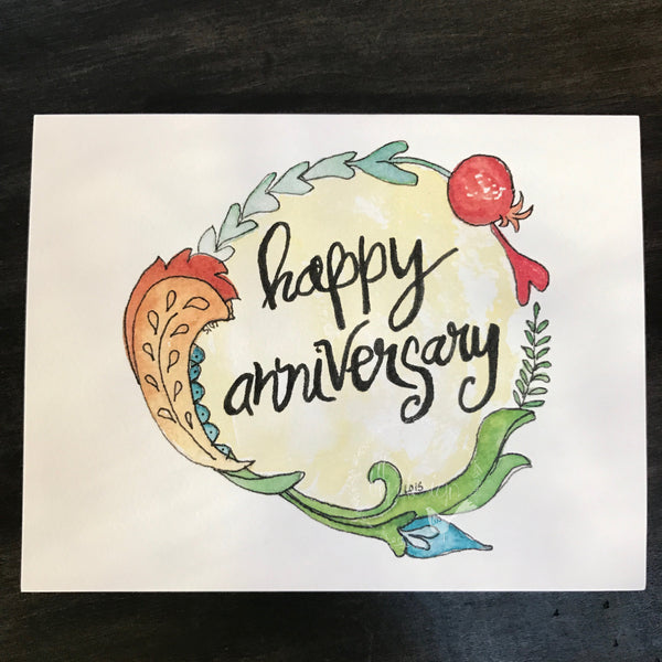 Happy Anniversary Card II / watercolor and ink / single folded card / blank inside / Kraft envelope