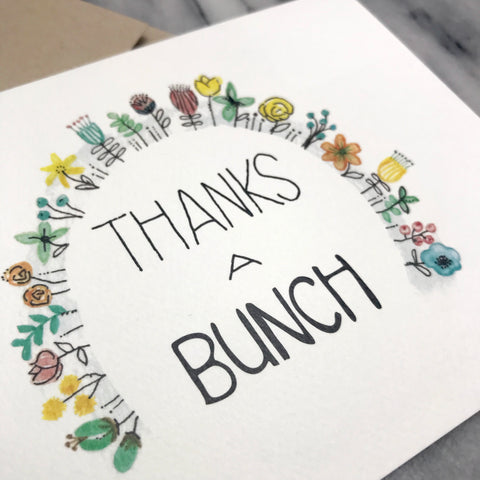 Thanks A Bunch / thank you card / watercolor and ink / blank inside / Kraft envelope